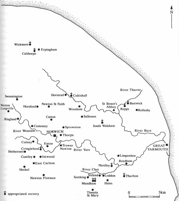 Map of the Norfolk estates of St Giles' hospital, taken from C. Rawcliffe, Medicine for the Soul: The Life, Death and Resurrection of an English Medieval Hospital. St Giles's, Norwich, c. 1249-1550 (Stroud, 1999), p. 71